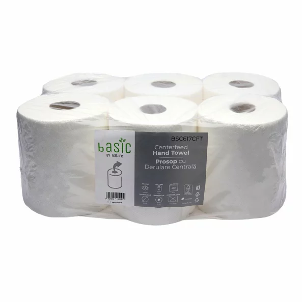 Prosoape hartie cu derulare centrala 2 straturi, 100 m/rola, albe, Basic By Nature