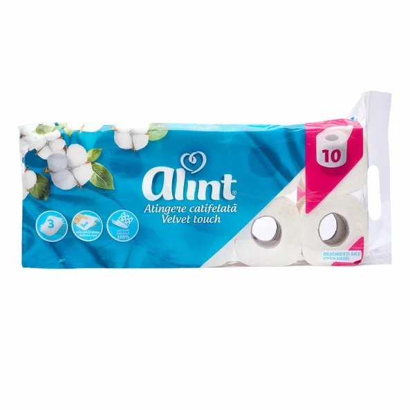 Set 10 role hartie igienica 3 straturi, alb catifelat, Alint
