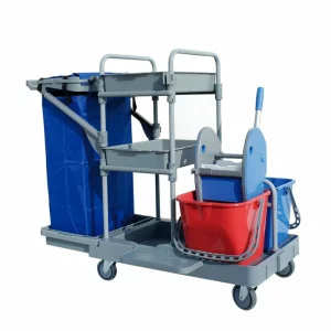 Carucior profesional cu roti, 2 galeti 15 L, sac gunoi, 2 rafturi