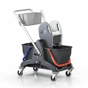 Carucior curatenie profesional cu roti, 2 galeti 25 litri, tava transport ustensile, maner reversibil, storcator mop cu maner