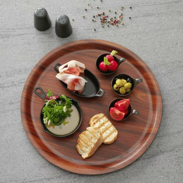 Tava pentru servire imitatie lemn rotunda, cu margine inalta, 420 mm, Hendi