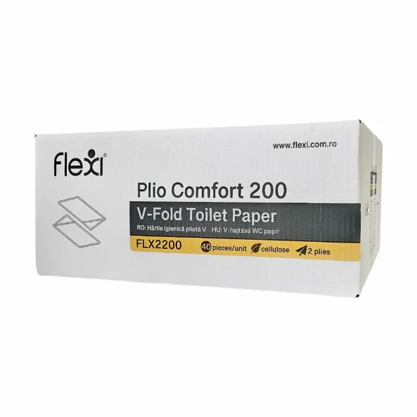 Hartie igienica pliata V-Fold, 2 straturi, 200 foi/pachet, alba, Plio Comfort 200, Flexi