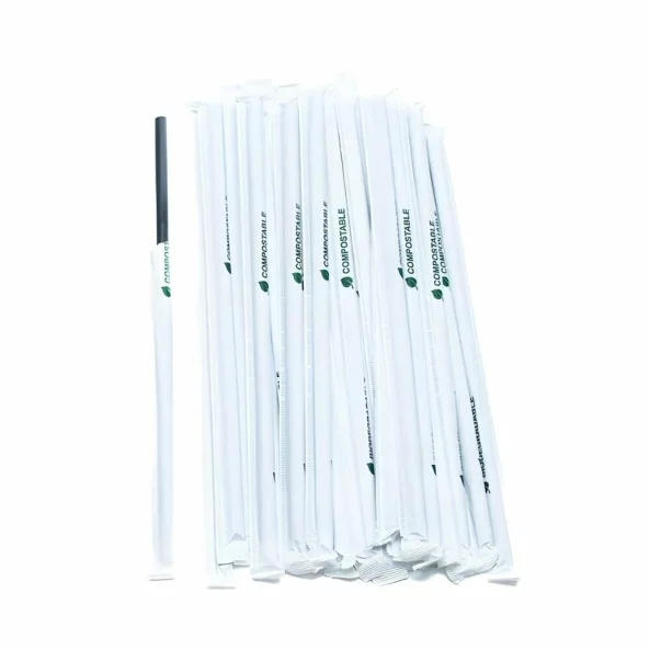 Paie biodegradabile PLA negre drepte, ambalate individual, 240x8 mm, 250 bucati/set