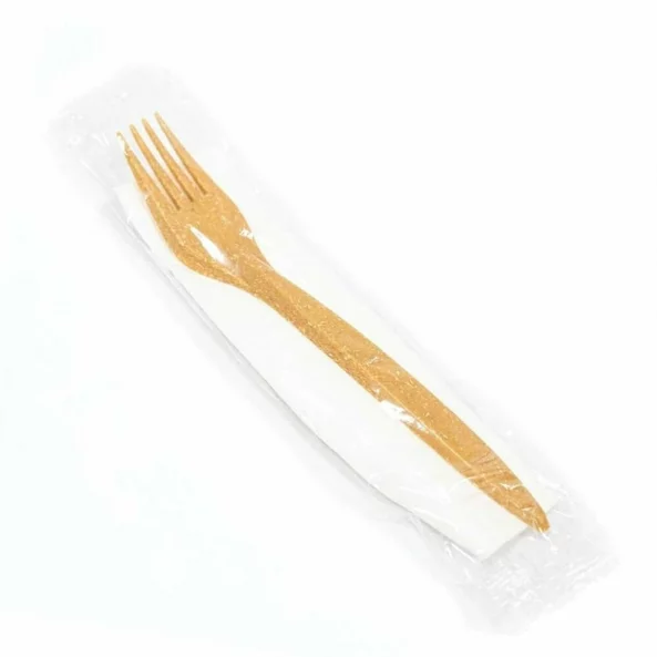 Tacamuri reutilizabile WPC, furculita + servetel, maro natural, 100 bucati/pachet