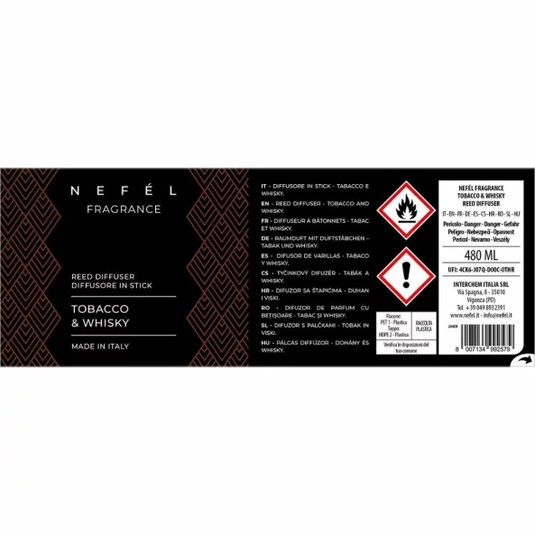 Odorizant de camera cu betisoare Nefel, Tabac &amp; Whisky, 480ml