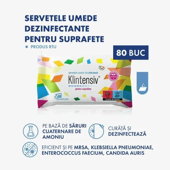 Servetele umede dezinfectante pentru suprafete, 80 buc/pachet, Klintensiv