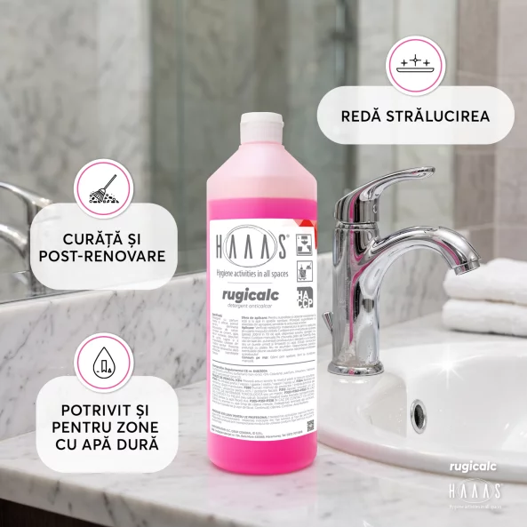 Solutie anticalcar baie, elimina calcar, ciment, gips si rugina, HAAAS Rugicalc, 1 L