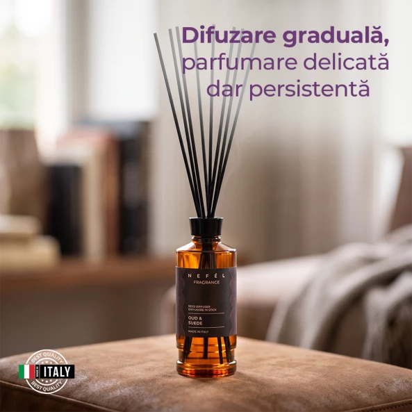 Odorizant de camera cu betisoare Nefel, Oud si Piele intoarsa, 480ml