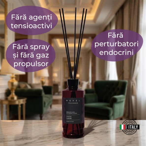 Odorizant de camera cu betisoare Nefel, Oud si Piele intoarsa, 480ml