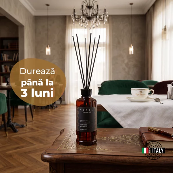 Odorizant camera cu betisoare Nefel Tobacco &amp; Whisky, parfum lemnos, 480 ml