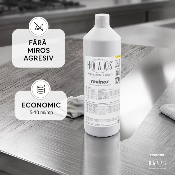 Solutie curatat inox, regenereaza si revitalizeaza, elimina rugina, pete acizi si urme sudura, HAAAS Revinox, 1 L