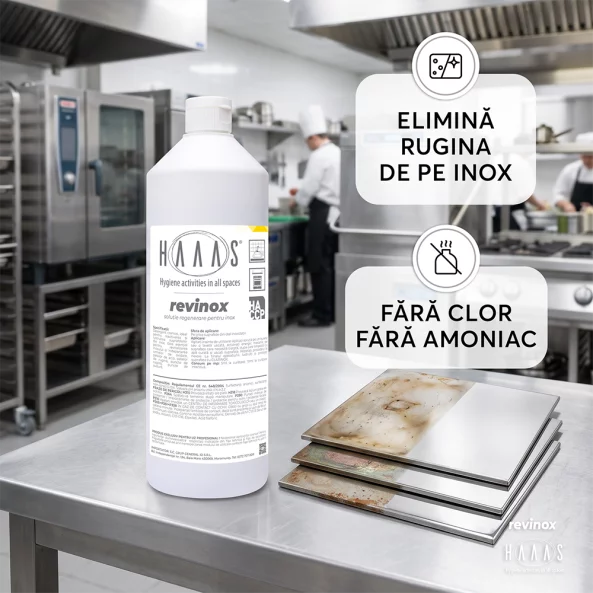 Solutie curatat inox, regenereaza si revitalizeaza, elimina rugina, pete acizi si urme sudura, HAAAS Revinox, 1 L