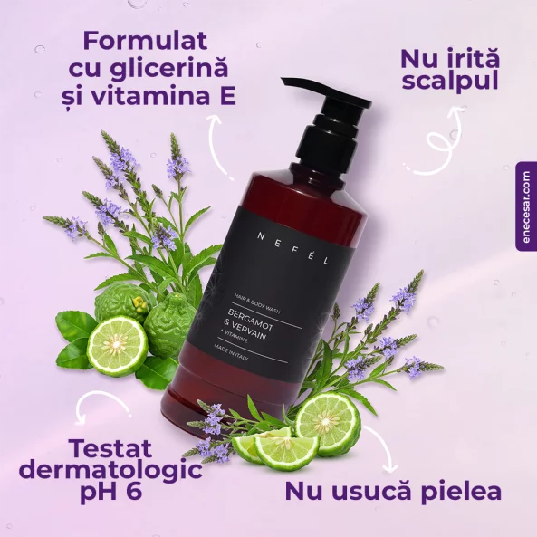 Gel de dus si sampon cu pH neutru, 2 in 1, Nefel Bergamot &amp; Vervain, cu vitamina E si glicerina, 480 ml