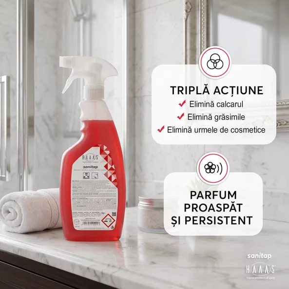 Solutie anticalcar baie, non-acida, igienizanta, HAAAS Sanitap, 750 ml