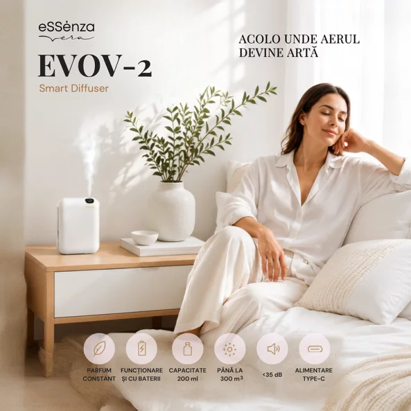 Difuzor parfum camera eSSenza Vera Smart Diffuser EVOV-2, Bluetooth, acoperire 200-300 m3, alb