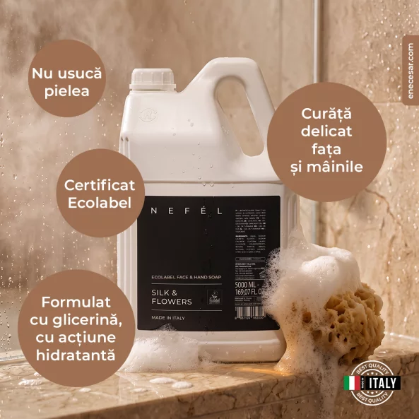 Sapun lichid cu pH neutru pentru fata si maini Nefel Silk &amp; Flowers, certificat Ecolabel, hidratant si emoliant, 5 L