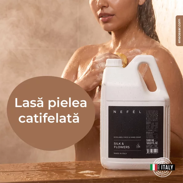 Sapun lichid cu pH neutru pentru fata si maini Nefel Silk &amp; Flowers, certificat Ecolabel, hidratant si emoliant, 5 L