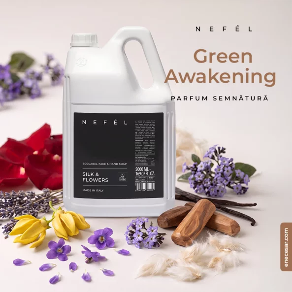 Sapun lichid cu pH neutru pentru fata si maini Nefel Silk &amp; Flowers, certificat Ecolabel, hidratant si emoliant, 5 L