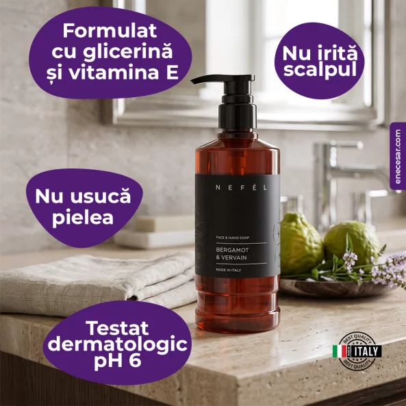 Sapun lichid cu pH neutru pentru fata si maini Nefel Bergamot &amp; Vervain, cu vitamina E si glicerina, 480 ml
