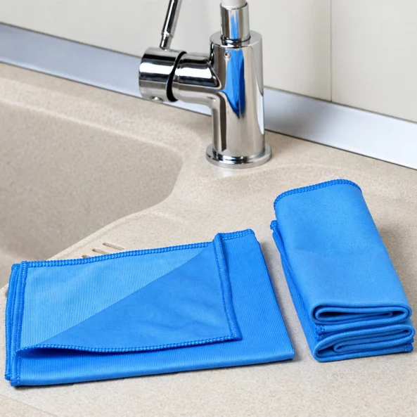 Set 3 lavete microfibra cu 2 fete pentru geamuri, inox si crom Ideal SHINE, 40x40 cm, albastre