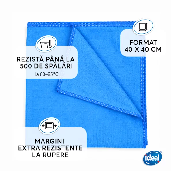 Set 3 lavete microfibra cu 2 fete pentru geamuri, inox si crom Ideal SHINE, 40x40 cm, albastre
