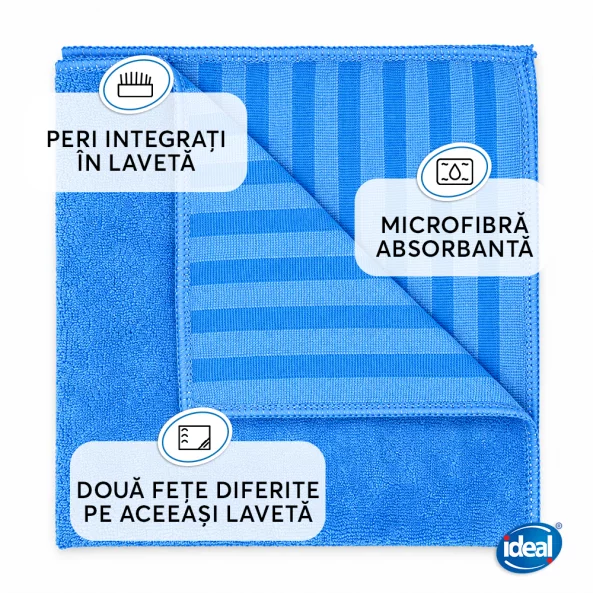Set 3 lavete microfibra cu peri pentru murdarie grosiera Ideal Bristles, 40x40 cm, albastre