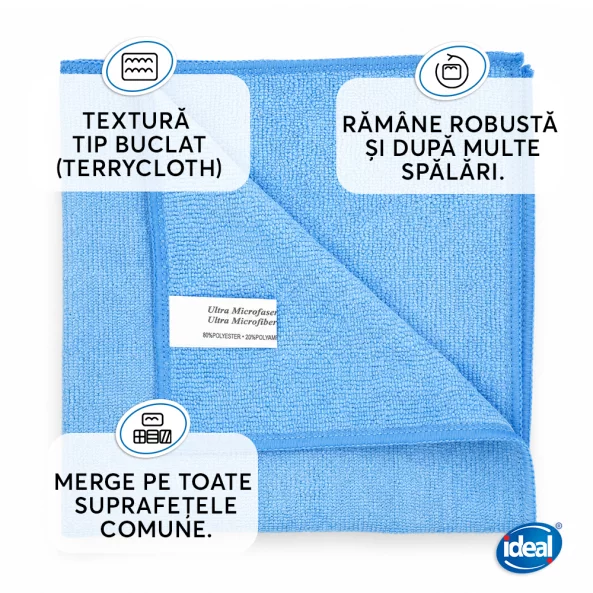 Set 3 lavete microfibra pentru curatenie universala Ideal BASIC Professional, 40x40 cm, albastre