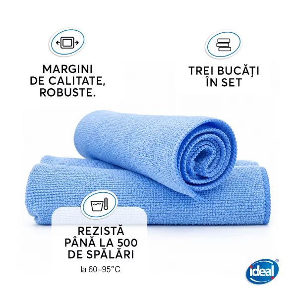 Set 3 lavete microfibra pentru curatenie universala Ideal BASIC Professional, 40x40 cm, albastre