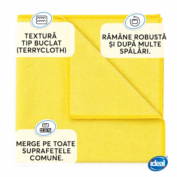 Set 3 lavete microfibra pentru curatenie universala Ideal BASIC Professional, 40x40 cm, galbene