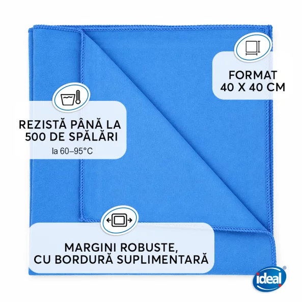 Set 3 lavete microfibra pentru inox, sticla si ceramica Ideal SOFT VELOUR, 40x40 cm, albastre