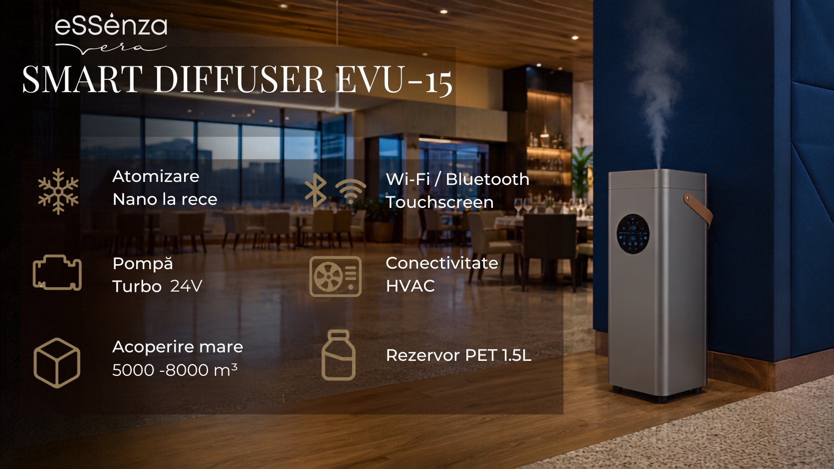 Specificatii difuzor parfum camera eSSenza Vera Smart Diffuser EVU-15 gri Specificatii difuzor parfum camera eSSenza Vera Smart Diffuser EVU-15 gri