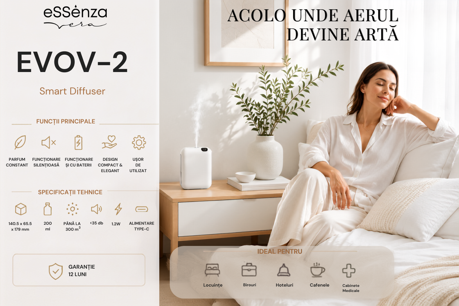 Specificatii difuzor parfum camera eSSenza Vera Smart Diffuser EVOV-2 alb