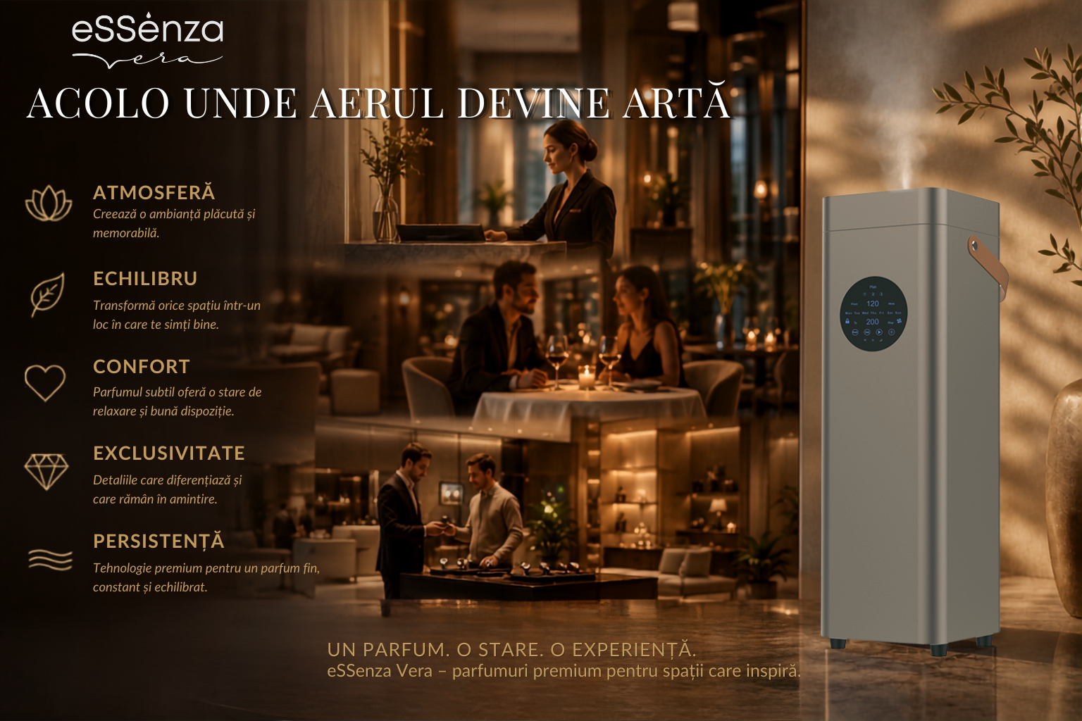 Aparat difuzor parfum camera eSSenza Vera Smart Diffuser EVU-15 carcasa aluminiu Aparat difuzor parfum camera eSSenza Vera Smart Diffuser EVU-15 carcasa aluminiu