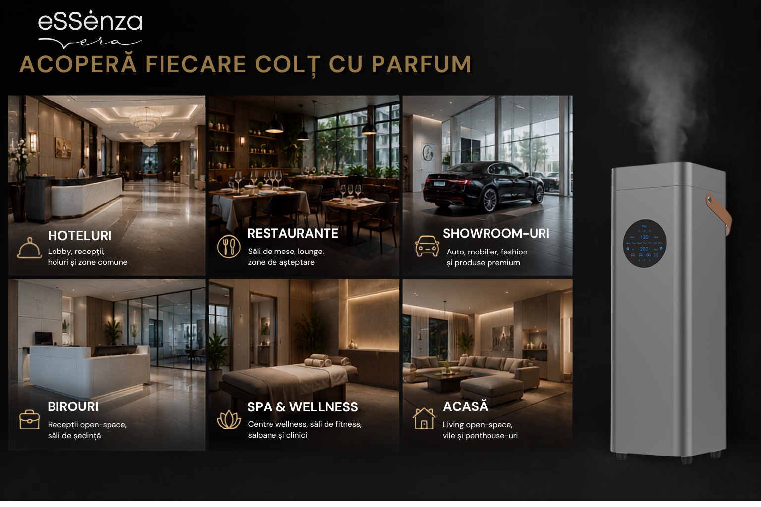 Spatii recomandate pentru difuzor parfum camera eSSenza Vera EVU-15 gri Spatii recomandate pentru difuzor parfum camera eSSenta Vera EVU-15 gri